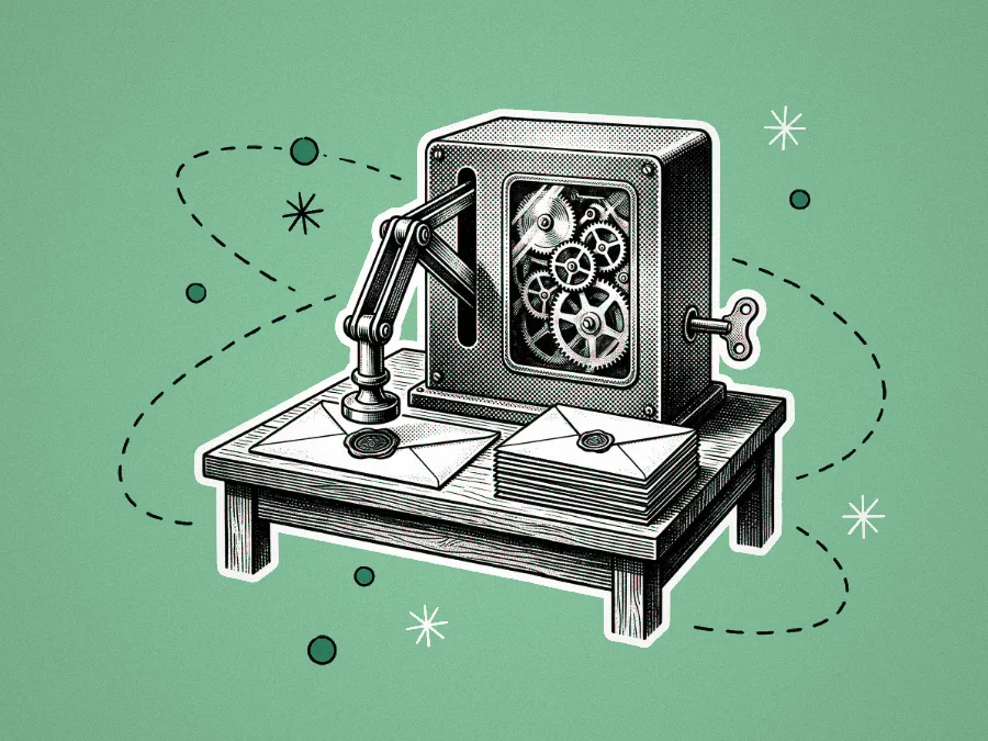 A halftone illustration of a retro gear-driven machine with a robotic arm picking up envelopes from a wooden table, surrounded by hand-drawn dotted loops and stars.