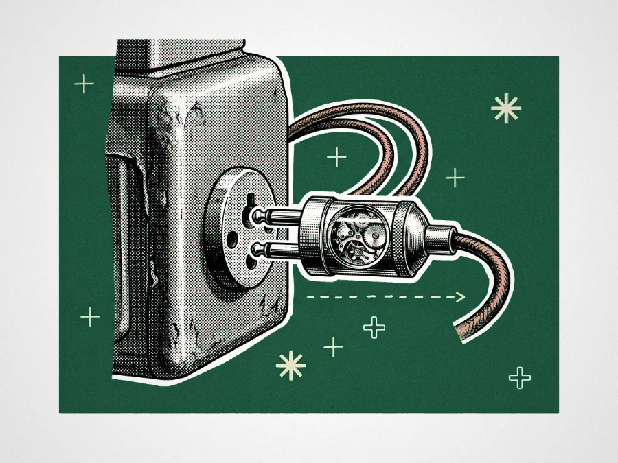 A halftone illustration of a clockwork power adapter plugging into a vintage battery, with copper cables and hand-drawn dashed arrows on a green background.