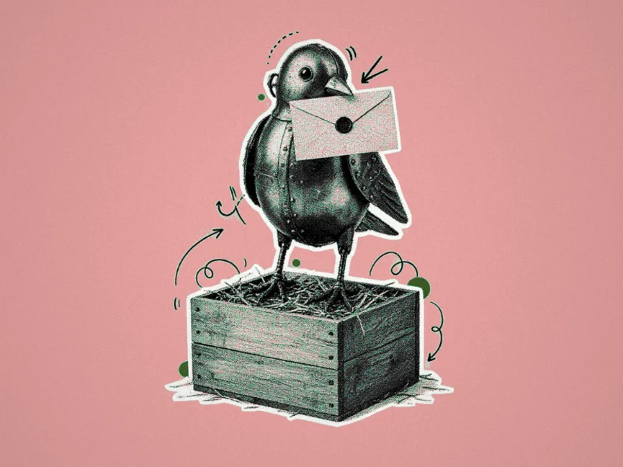 A halftone illustration of a riveted clockwork tin bird holding a sealed letter in its beak, standing on an open wooden crate of packing straw, surrounded by hand-drawn arrows and squiggles.