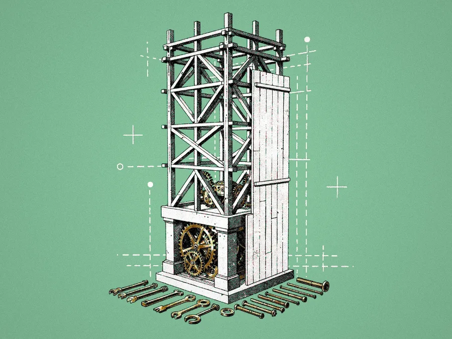 A halftone illustration of a wooden scaffold around a clockwork tower with exposed gears, surrounded by tools and bolts on a green background.